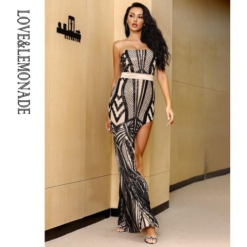 LOVE&LEMONADE Sexy Tube Top Black Geometric Sequins Whit Split Party Maxi Dress LM82485