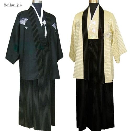 MeiHuiJie Japanese warrior traditional kimono Man black bathrobe cosplay vintage clothing stage performance dress Japan style