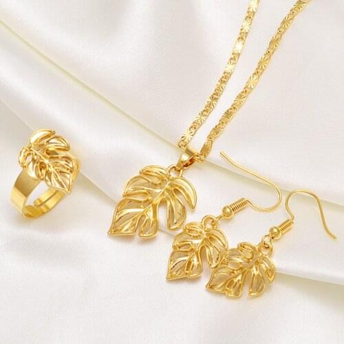Anniyo Hawaiian Wedding Jewelry sets Plantain Leaf Pendant Necklace Earrings Ring Guam Chuuk Pohnpei Tropical Ornaments #133316
