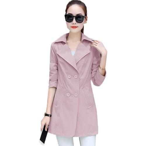 2020 New Spring Autumn Trench Coat Womens Coat Mid-length Double Breasted Suit Collar 3/4 Sleeve Solid Color Casual Outerwear