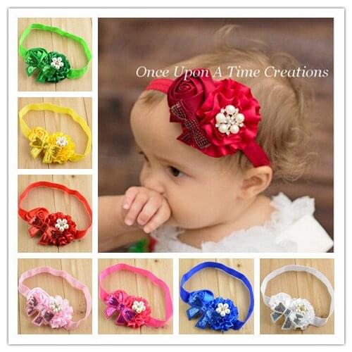 New Stock girl Rose Blossom Headband with Pearl Rhinestone Satin Flower Hair Band Free Shipping 8pcs/lot FDA35