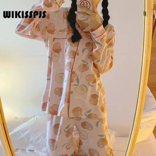 WIKISSPJS 2021 Korean Version Lovely Pajama Suit Womens Spring Autumn New Long Sleeve Trousers Two Piece Home Suit sleepwear