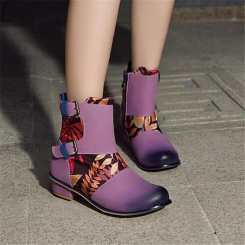 PXELENA 2020 Ethnic Leaf Print Autumn Ankle Boots Women Low Heels Buckle Round Toe Casual Comfort Shoes Purple Plus Size 34-43