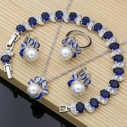 Blue Enamel Decoration Crown Silver 925 Jewelry Sets Freshwater Pearls Earrings for Women Fine Jewelry Handmade Necklace Set