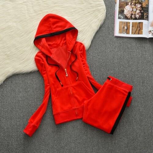 Spring/Fall/winter WomenS Brand Velvet Fabric Tracksuit pant suits Velour Suit Women Track Suit Hoodies And Pants red