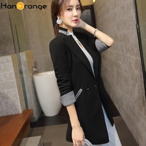 Spring Autumn Women Patchwork Cuff Mandarin Collar Long Blazer Jacket 2020 Ladies