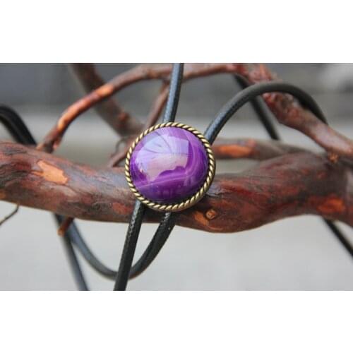 Vintage Western Cowboy Mens BOLO Tie Slide Clip Round Purple Agate High Quality Polyester Rope