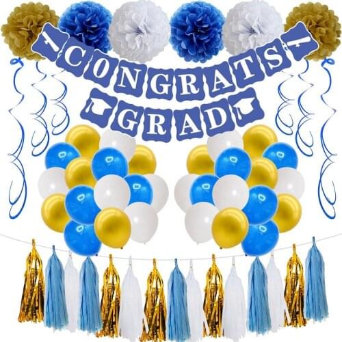 Graduation Party Supplies Decorations Kit 10 inch Blue Gold White Latex Balloons Party Decoration Supplies with CONGRATS Banner