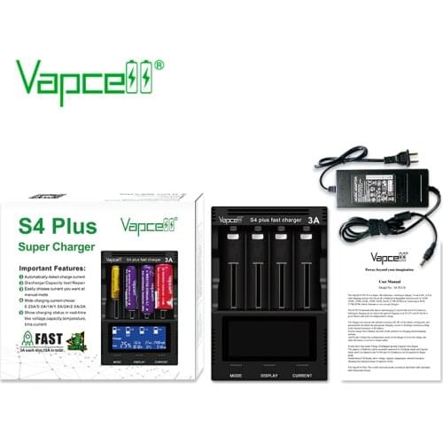 Vapcell New upgrade version S4 plus fast charger 3A 4 slot total 12a discharger/capacity test/repiar for 21700 18650 battery