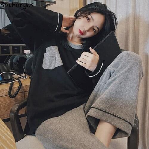 Women Pajama Sets Soft Casual Loose Sleep Wear Suit Female Patchwork Simple Loose Homewear Fashion All-match Sleeping Clothes