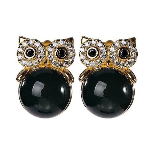 S925 sterling silver gold plated Natural Mexican blue amber Ear studs Personality Owl Temperament Ladies Silver earrings