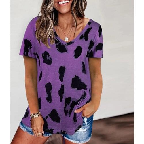 Womens Tops Summer V-Neck Leopard Print Short Sleeve T-Shirt Casual Blouse