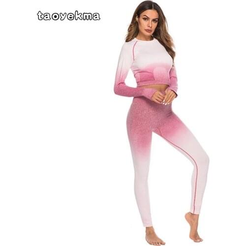 2 Pcs Yoga Set For Women Long Sleeve Fitness Crop Top And Scrunch Butt Sport Leggings Ombre Seamless Gym Clothing Sport Suits