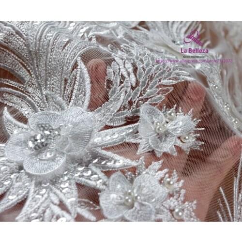 La Belleza new bridel gown lace fabric rayon on mesh embroidery off white 3D flowers heavy lace fabric 1 yard