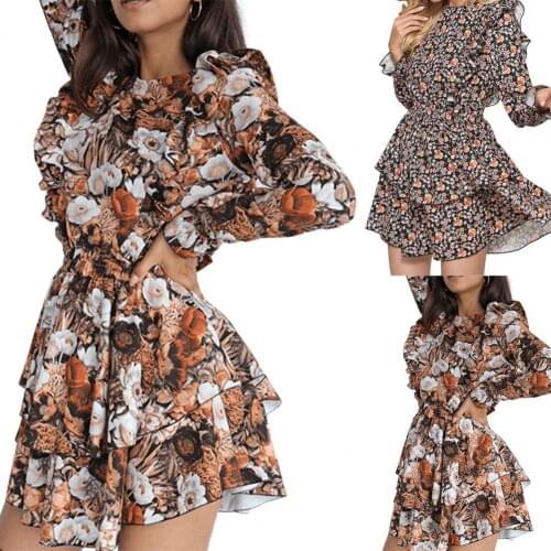 Women Fashion Graceful Pullover Mini Dress Round Neck Mid Waist Flying Sleeve Floral Layered Dress for Party Daily Dating