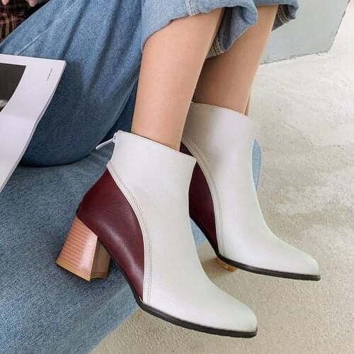 2020 Winter High Quality Women Ankle Boots Splicing material Zip Round toe Footwear 6CM High Heels Female Boots Party Shoes32 33