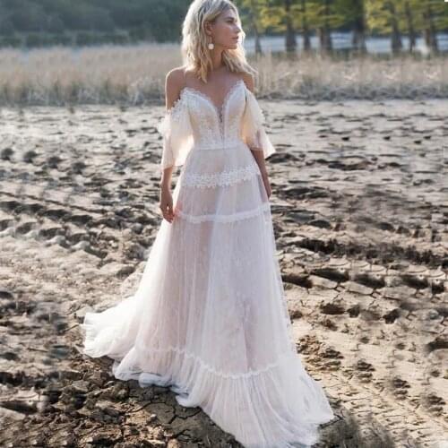 2021 Vestido de Noiva Boho Wedding Dresses Vintage Bohemian Beach Bride Dress Gowns Plus Size Corset back latern Sleeve