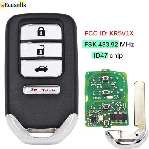 3+1 Button Smart Remote Key FSK 433.92MHz 47 Chip for Honda Acura MDX RDX ILX TLX Civic Accord 2014-2019 FCC ID: KR5V1X