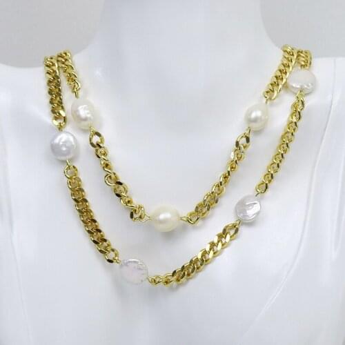 5 Pcs Handmade Pearls Link chain necklace Gold color Chain Gold Pearls Pendant necklace Elegant Necklace 90030