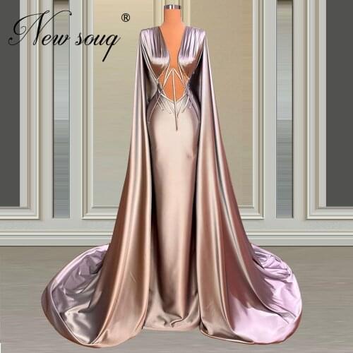 Abendklerder Satin Simple Formal Evening Gowns 2021 Floor Sleeves Prom Dresses Couture Arabic Party Dress Dubai V Neck Pageant
