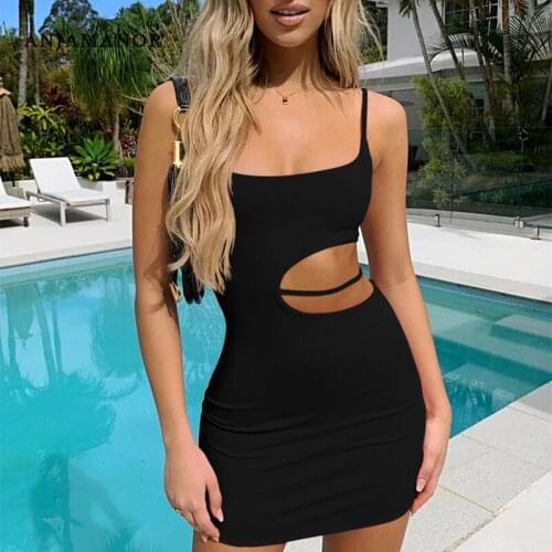 ANJAMANOR Sexy Black Dresses for Women Summer Clothing 2021 Cut Out Strap Mini Dress Clubwear Backless Bodycon Dress D53-BB30