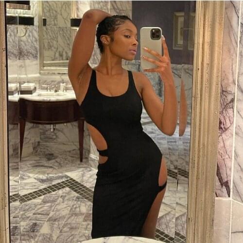 BKLD Summer Clothes 2021 New Hollow Out White Bandage Dress Sexy Split Spaghetti Strap Dress Club Outfits For Women Solid Color