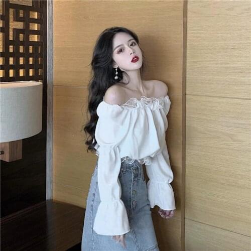 Blouse Women Spring Autumn Vintage Shirt Womens Stitching Lace off-Neck Shirt Long Sleeve Top Blusas Mujer De Moda