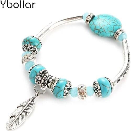 Charm Turquoises Bracelet Antique Silver Color Leaf Pendant Crystal Bead Bangle Bracelet For Women Jewelry