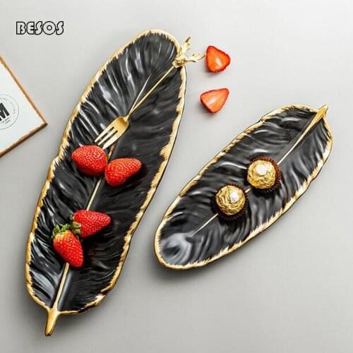 Key Storage Ceramic Leaf Ditchen Dessert Plate Creative Shooting Props Decoration Small Items Light Luxury Feathers B0164M