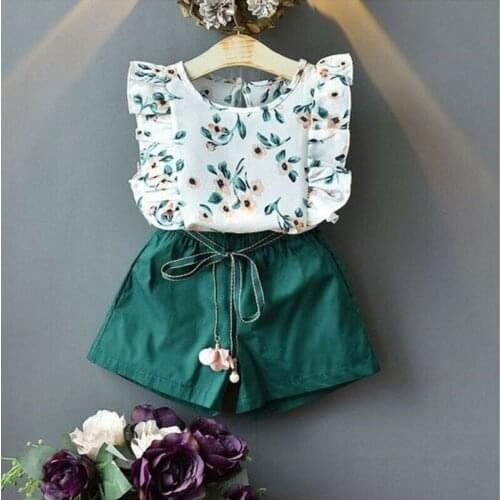 Toddler Baby Girls Kids Summer Clothes Sets O-neck Flower Sleeveless Pullover Tops + High Waist Shorts 2PCS Outfit Sets 18M-5T