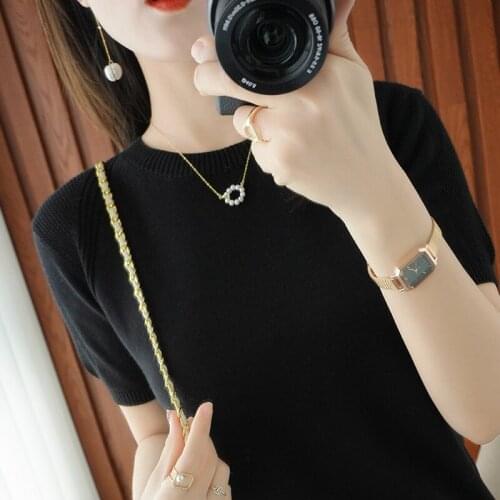 Summer new style 100% cotton knitted short-sleeved T-shirt Ladies O-neck pullover short loose hollow half-sleeved top