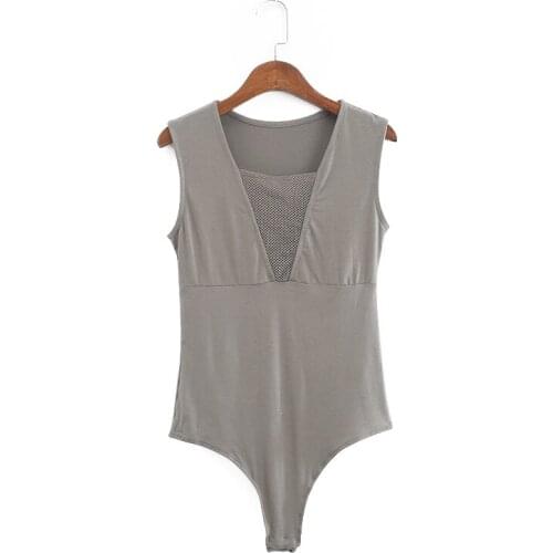 Summer New Womens Fashion Slim V Neck Sleeveless Mesh Hollow Out Solid Skinny Bodysuits Ladies Overalls Combinaison Femme