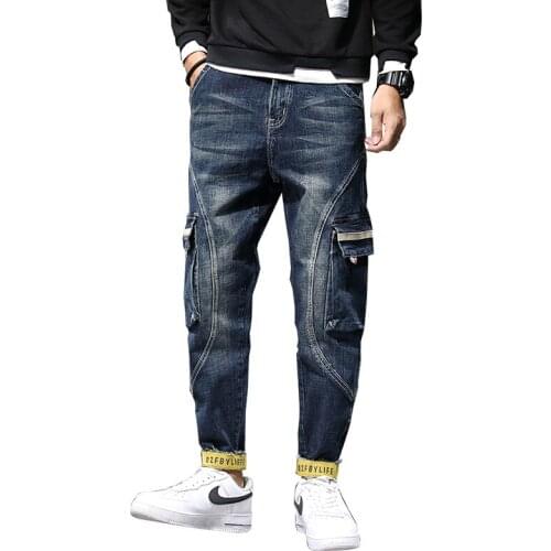 Mcikkny Mens Fashion Harem Jeans Pants Multi Pockets Stretch Streetwear Denim Trousers For Male Pnats Jogger