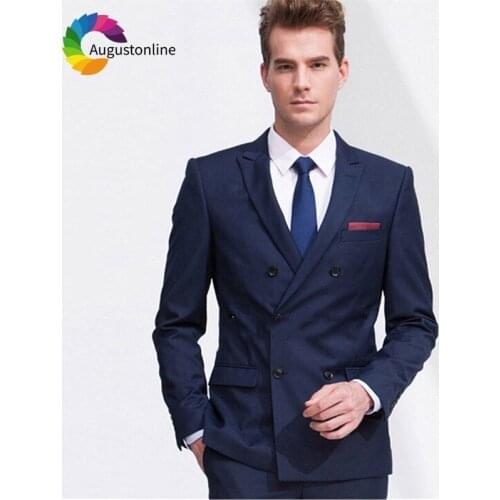 2019 Navy Blue Elegant Groom Tuxedos Costme Homme Terno Blazer Peakd Lapel Double Breasted Men Wedding Suits Jacket Pants
