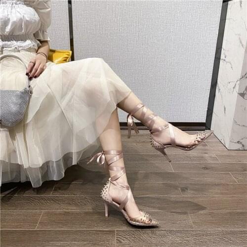 New Rivets Pointed Toe Pumps Women 5cm High Heels Transparent Crystal Strap Shoes Ladies Party Shoes Women Femmes Chaussures