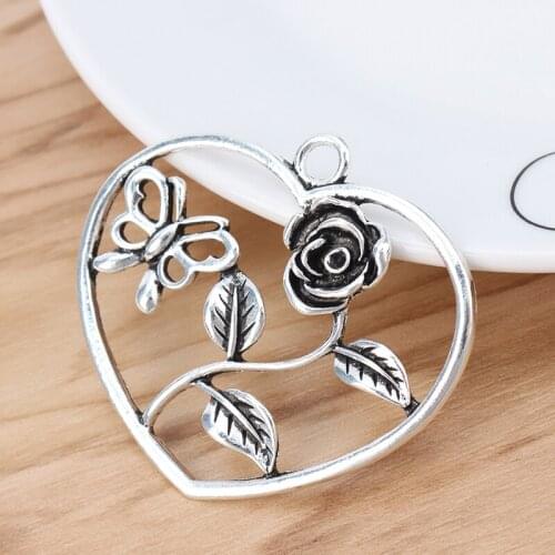 6 Pieces Large Open Heart & Rose Flower Butterfly Charms Pendants for Necklace Jewellery Making Findings