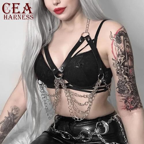 CEA Goth Top Leather Harness Women Belt Body Chain Bra Chest Bondage Lingerie Chain Belt Sexy Waist Belly Chain Cage Erotic Belt