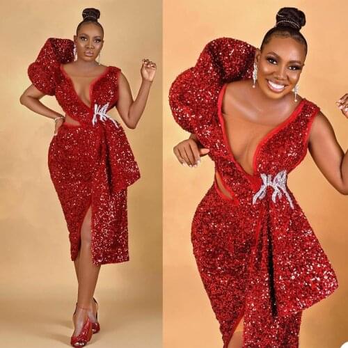 Plus Size Red Sequined Prom Dresses Ruffles Sheer Neck Black Girls Evening Gowns Knee Length Women Party Wear vestido de novia