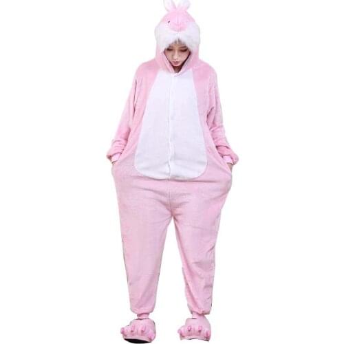 Pink Bunny Kigurumi Women Pajamas Cartoon Animal Onesies For Adults Rabbit Pyjamas Cosplay Costume Flannel Sleepwear Bodysuit
