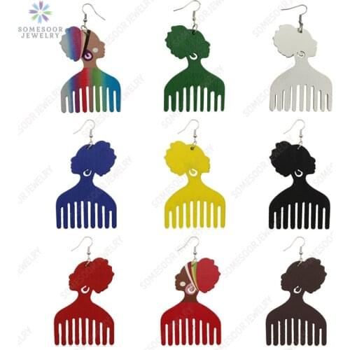SOMESOOR Colorful Cute African Head Comb Wooden Drop Earrings Vintage Print Design Wood Ear Loops Dangle Jewelry For Women Gift