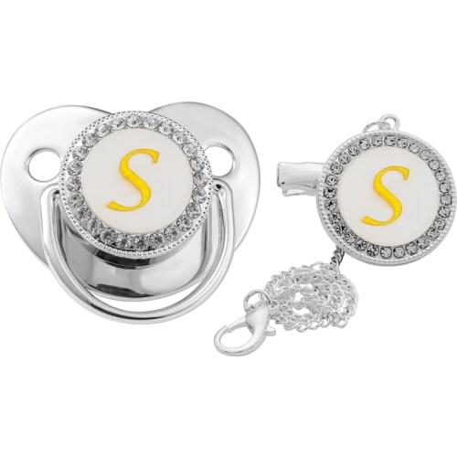 26 Name Initial Letter Baby Pacifier and Pacifier Clips BPA Free Silicone Infant Nipple Silver Bling Newborn Dummy Soother 0-6M