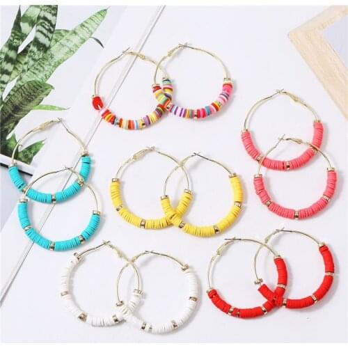 DoreenBeads Fashion Polymer Clay Hoop Earrings For Women Daily Accessories Bohemia Beaded Circle 5.5cm Dia, 1 Pair