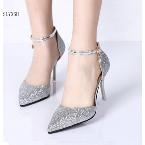 SLYXSH Woman Wedding Shoes Silver High Heels Dress Shoes Sequined Cloth Ankle Strap Pumps Women Sexy Heeled Shoes