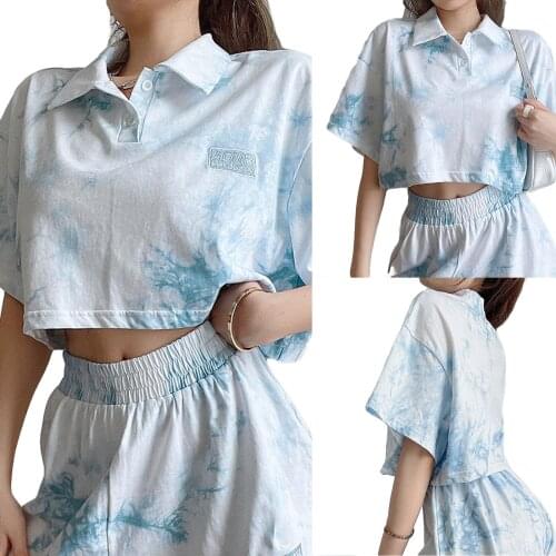 Women Tie-dye T-shirt/Shorts Short Sleeve Top Elastic Waist Short Pants Summer Tie-dye Short Outfit Casual Sports Loose Suit