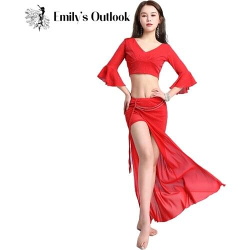 Sexy Women Belly Dance Costume 2 Piece Silver Shine V Neck Top with Asymmetric Skirt Set Summer Horn Sleeve White Plus Size