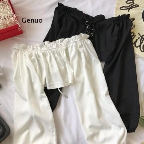 Womens Off Shoulder Top Long Sleeve Ruffle Vintage Blouse With Puff Sleeves Lace Up Ladies Tops Bandage Crop Tops Black White