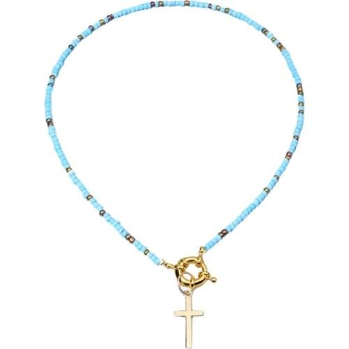 Bohemian Fashion Multicolor Seed Beads Necklaces For Women Handmade Alloy Cross Pendant Necklace Ladies Jewelry Gift