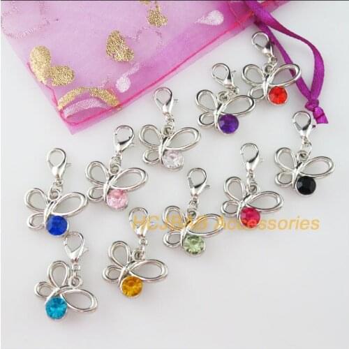 10 New Butterfly Charms With Lobster Claw Clasps Dull Silver Plated Mixed Crystal 14x19mm