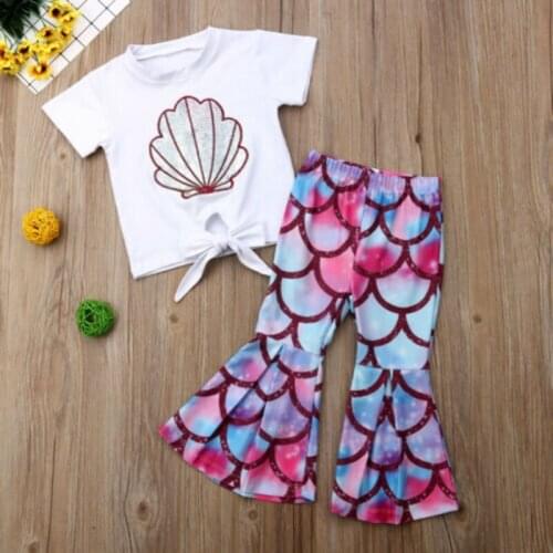 2PCS Toddler Kids Baby Girls Clothing set Summer Mermaid Tops Flared Pants Outfits Sunsuit