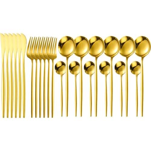 24pcs Stainless Steel Gold Dinnerware Set Tableware Knife Fork Spoon Dinner Set Cutlery Coffee Spoon Dishwasher Safe